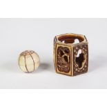 A JAPANESE MEIJI PERIOD PIERCED AND SHALLOWLY CARVED IVORY HEXAGONAL 'GARDEN SEAT' FORM NETSUKE,