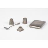EDWARDIAN SILVER MATCH BOOK HOLDER, with engine turned decoration, Chester 1904 and FOUR SMALL ITEMS