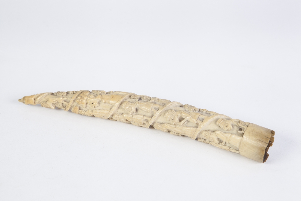 INTERESTING LATE 19th CENTURY AFRICAN SMALL CARVED IVORY TUSK IN RELIEF with spirally ascending