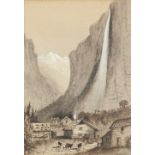 M DAVIS (19th century) SEPIA DRAWING HEIGHTENED WITH WHITE ON BUFF PAPER An Alpine scene with