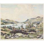 JAMES PRIDDY AQUATINT PRINTED IN COLOUR 'Derwentwater from Ashness Bridge' Signed and inscribed in