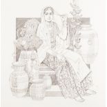RAVI PARAN JAPE (Twentieth/Twenty First Century) PENCIL DRAWING Female seated with pots Signed 16" x