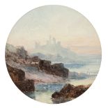 BRITISH SCHOOL (LATE NINETEENTH CENTURY) OIL PAINTING ON BOARD, CIRCULAR Coastal scene with castle