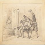 D. R. DRAKE (19th CENTURY) PENCIL DRAWING HEIGHTENED IN WHITE Comical street scene with three drunks
