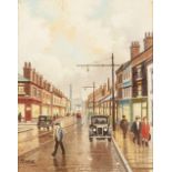 PATRICK BURKE THREE OIL PAINTINGS ON BOARD Bygone street scenes Signed 9 1/2" x 7 1/2" (24.2 x 19.