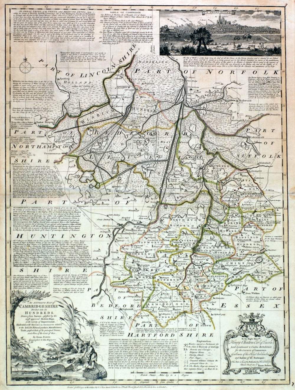 EMANUEL BOWEN (1694 - 1767), COPPER PLATE ENGRAVED COUNTY MAP OF CAMBRIDGESHIRE with old hand