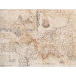 WILLIAM KIP ANTIQUE HAND COLOURED MAP OF CORNWALL 11 1/2" x 15 1/4" (29.2cm x 38.8cm) (a.f.) AND A