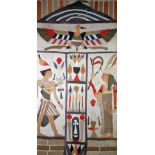 UNATTRIBUTED APPLIQUE Depicting Ancient Egyptian gods & symbols 65 1/2" x 35" (166.4cm x 89cm)