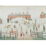 AFTER L.S. LOWRY COLOUR PRINT Figures in a park with a row of red brick houses in the background