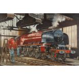 PATRICK BURKE OIL PAINTING ON BOARD Engine shed Crew North with engineers working on the