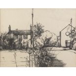 BERNARD KAY BLACK FELT - PEN DRAWINGS STUDIES OF FARM BUILDING ETC, also a small oil painting on