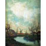 UNATTRIBUTED OIL PAINTING ON CANVAS Windmills & Fisherman in foreground signed FRETRATA ? 9 1/2" x