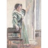 GEORGE HODGKINSON (1914-1997) WATERCOLOUR Lady standing behind a chair Signed MICHAEL OATLEY (?) (