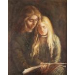 JAMES EDMUND HOLMES (1926-1984) OIL PAINTING ON CANVAS A mother and daughter reading a book Signed