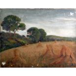 LATE NINETEENTH/EARLY TWENTIETH CENTURY OIL PAINTING ON CANVAS Landscape with wheat indistinctly