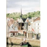 PETER SUNDERLAND (modern) WATERCOLOUR DRAWING 'Honfleur, Normandy', harbour scene Signed and