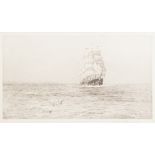 ROWLAND LONGMAID (1897-1956) ARTIST SIGNED ETCHING Three masted square rig ship 6 1/2" x 11 3/4" (