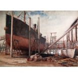 UNATTRIBUTED WATERCOLOUR DRAWING Shipyard scene 14" x 20" (35.5cm x 50.8cm) TOGETHER WITH FOUR OTHER