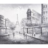 BURNETT (?) (Twentieth Century) MONOCHROME IMPASTO OIL PAINTING ON CANVAS Paris street scene
