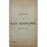 1917 SCHEDULE FOR R.A.F. (ROYAL AIRCRAFT FACTORY) AEROPLANES TYPE SE 5A including spare parts