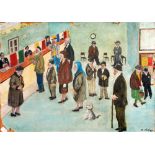 D.POLEY OIL PAINTING ON CANVAS LAID DOWN 'Queuing in the back' Signed 17" x 24" (43.2cm x 61cm)