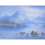 D. GRAHAM GOUACHE DRAWING Continental lake scene with sailing boats, steam yacht, mountainous
