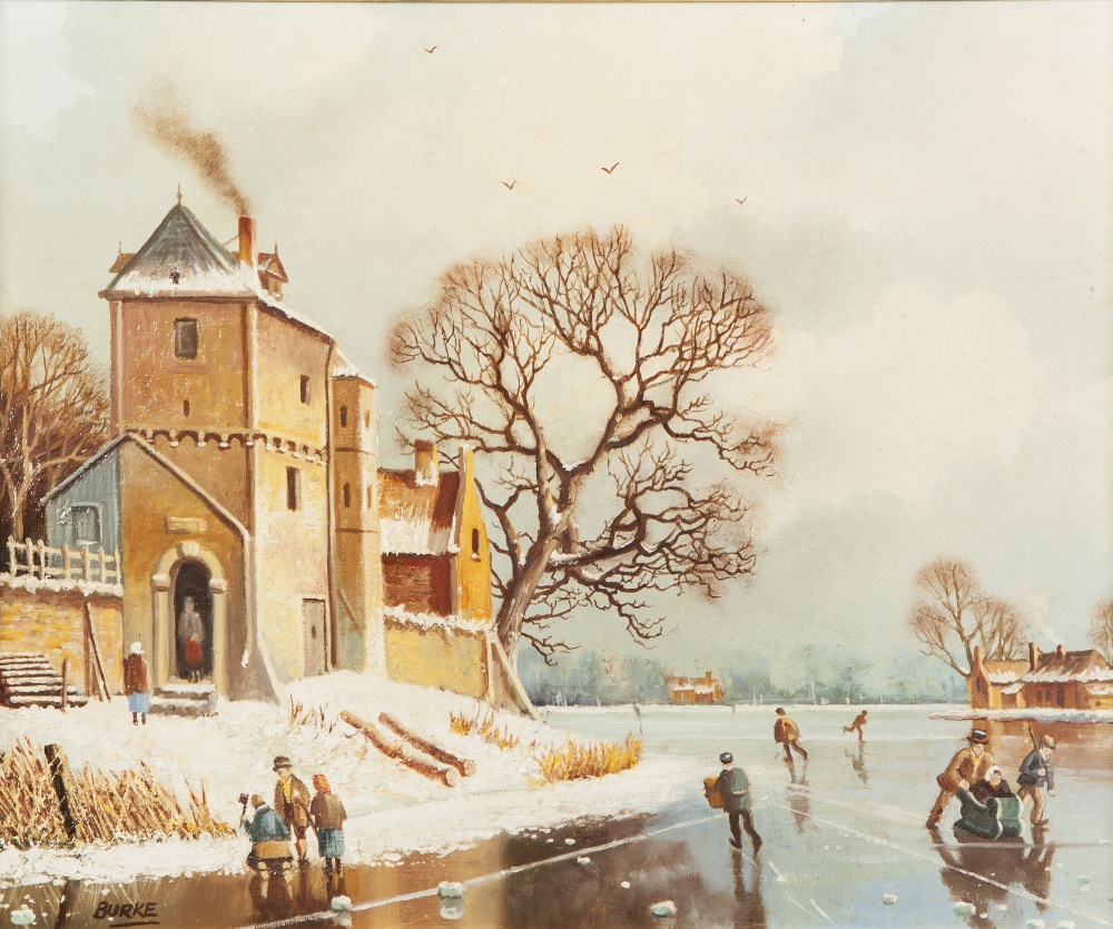 PATRICK BURKE (modern) OIL PAINTINGS ON CANVAS-BOARD, FOUR Dutch style pastiche winter landscapes - Image 2 of 5
