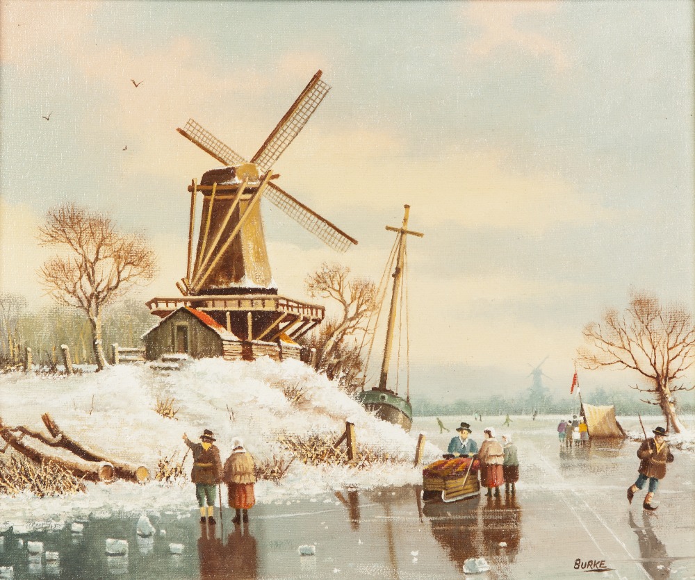 PATRICK BURKE (modern) OIL PAINTINGS ON CANVAS-BOARD, FOUR Dutch style pastiche winter landscapes - Image 5 of 5