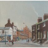 PATRICK BURKE TWO PASTEL DRAWINGS Bygone street scenes with figures and shops 14" x 17 3/4" (35.6