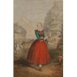 BAXTER COLOUR PRINT Young woman in red dress, with an army and dwelling in the background 6" X 4" (