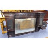 A MAHOGANY OVER MANTEL MIRROR, WITH TWO GLAZED SMALL CUPBOARD FLANKING