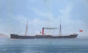 G ROBERTS GOUACHE DRAWING 'S.S. LADY PALMER', STEAMSHIP PORTRAIT SIGNED AND TITLED 16" X 24 ½"