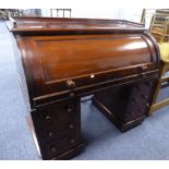 LATE 19TH CENTURY, VICTORIAN MAHOGANY CYLINDER FALL PEDESTAL DESK WITH TRAY EDGE TOP AND INTERIOR