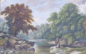 19TH CENTURY SCHOOL OIL PAINTING RIVER SCENE WITH TWO MEN ON ROCKS 9" X 13 ½"