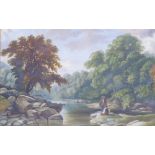 19TH CENTURY SCHOOL OIL PAINTING RIVER SCENE WITH TWO MEN ON ROCKS 9" X 13 ½"