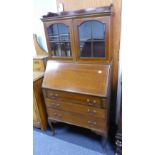 SHERATON REVIVAL STYLE MAHOGANY BUREAU-BOOKCASE WITH LOW SUPERSTRUCTURE CABINET HAVING DWARF BACK