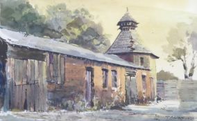 T. BROWN WATERCOLOUR DRAWING RANGE OF STABLES SIGNED AND DATED 1972 7 ½" X 12", FRAMED AND GLAZED
