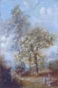 UNATTRIBUTED OIL PAINTING WOODED LANDSCAPE WITH FIGURES IN FOREGROUND 12" X 8"