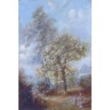 UNATTRIBUTED OIL PAINTING WOODED LANDSCAPE WITH FIGURES IN FOREGROUND 12" X 8"