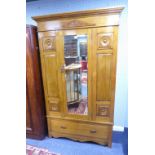 VICTORIAN ASH WARDROBE WITH MIRROR DOOR AND DRAWER BELOW, 3'8" WIDE