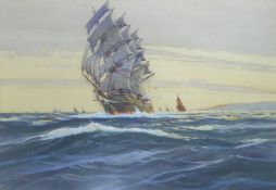 A D BELL WATERCOLOUR DRAWING 'PUTTING OUT' CLIPPER SHIP UNDER FINE SAIL SIGNED AND DATED 1945 10"