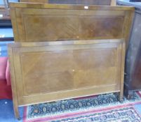 EDWARDIAN INLAID QUARTERED MAHOGANY 4'6" PANEL BEDSTEAD WITH SIDE IRONS AND MESH SPRING BASE