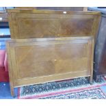 EDWARDIAN INLAID QUARTERED MAHOGANY 4'6" PANEL BEDSTEAD WITH SIDE IRONS AND MESH SPRING BASE