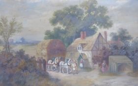 UNATTRIBUTED WATERCOLOUR DRAWING HAY WAGON OUTSIDE A THATCHED COTTAGE 9" X 13 ½"