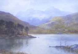 UNATTRIBUTED WATERCOLOUR DRAWING VIEW OF LAKE SURROUNDED BY MOUNTAINS GILT FRAMED AND GLAZED 13" X
