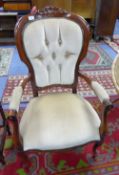 VICTORIAN STYLE MAHOGANY SHOW WOOD FRAMED BALLOON BACKED ARMCHAIR, BUTTON UPHOLSTERED