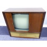 BUSH TELEVISION RECEIVER IN WALNUT BOW-FRONTED CONSOLE CABINET WITH TAMBOUR SHUTTERS