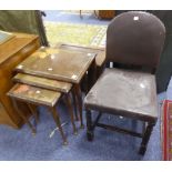 AN OAK DINING CHAIR WITH PADDED DOME PANEL BACK AND STUFFED OVER SEAT WITH UPHOLSTERY IN BROWN