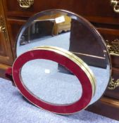 A MIRROR WITH BEVELLED OVAL PLATE, 16" X 9 ½", IN MAHOGANY FRAME AND A MIRROR WITH OVAL PLATE, 14" X