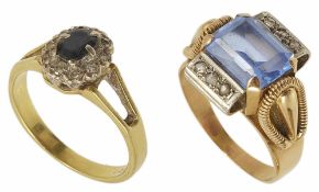 A Continental Art Deco style blue gem and rose diamond set dress ring the central rectangular